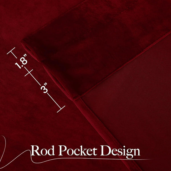 Close-up of a burgundy velvet curtain panel, showcasing its rod pocket design with a 1.8-inch header.