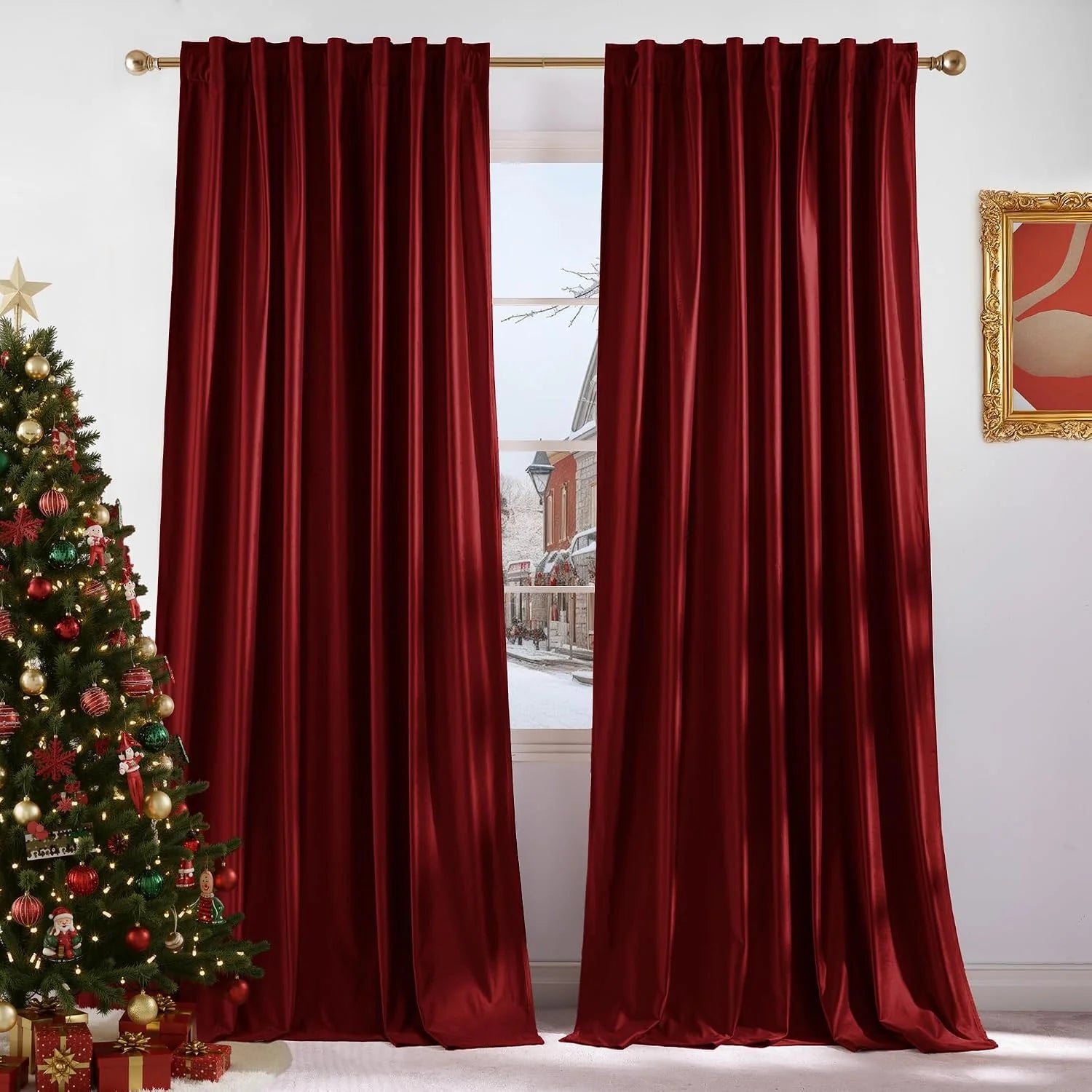 Burgundy velvet rod pocket curtains hanging beside a decorated Christmas tree