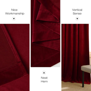 Deep burgundy velvet window curtain panel showing plush texture, neat hem, and elegant vertical drape.