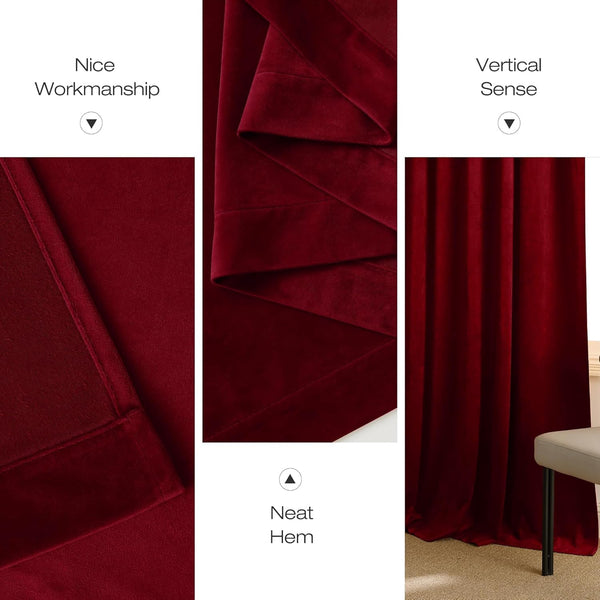 Deep burgundy velvet window curtain panel showing plush texture, neat hem, and elegant vertical drape.