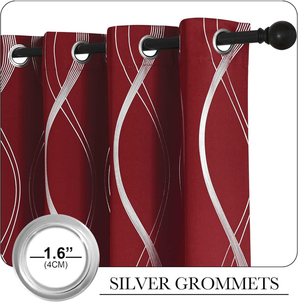 Burgundy curtains with white abstract wavy lines feature silver 1.6 inch grommet tops.