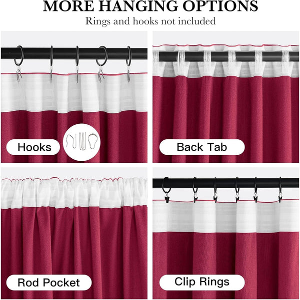 Close-up of a burgundy and white curtain demonstrating versatile hanging styles: hooks, back tab, rod pocket, and clip rings.