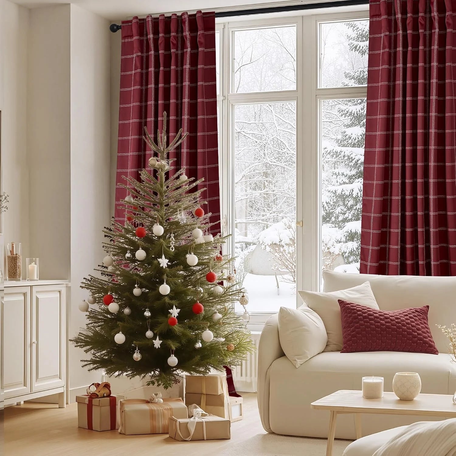 Burgundy windowpane plaid curtains in a cozy living room with a Christmas tree