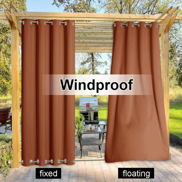 Burnt orange outdoor curtains with grommet tops on a pergola, showcasing fixed and floating installation.