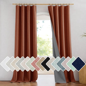 Textured burnt orange blackout curtains with grey lining, hung on a wooden rod. Various fabric color swatches.
