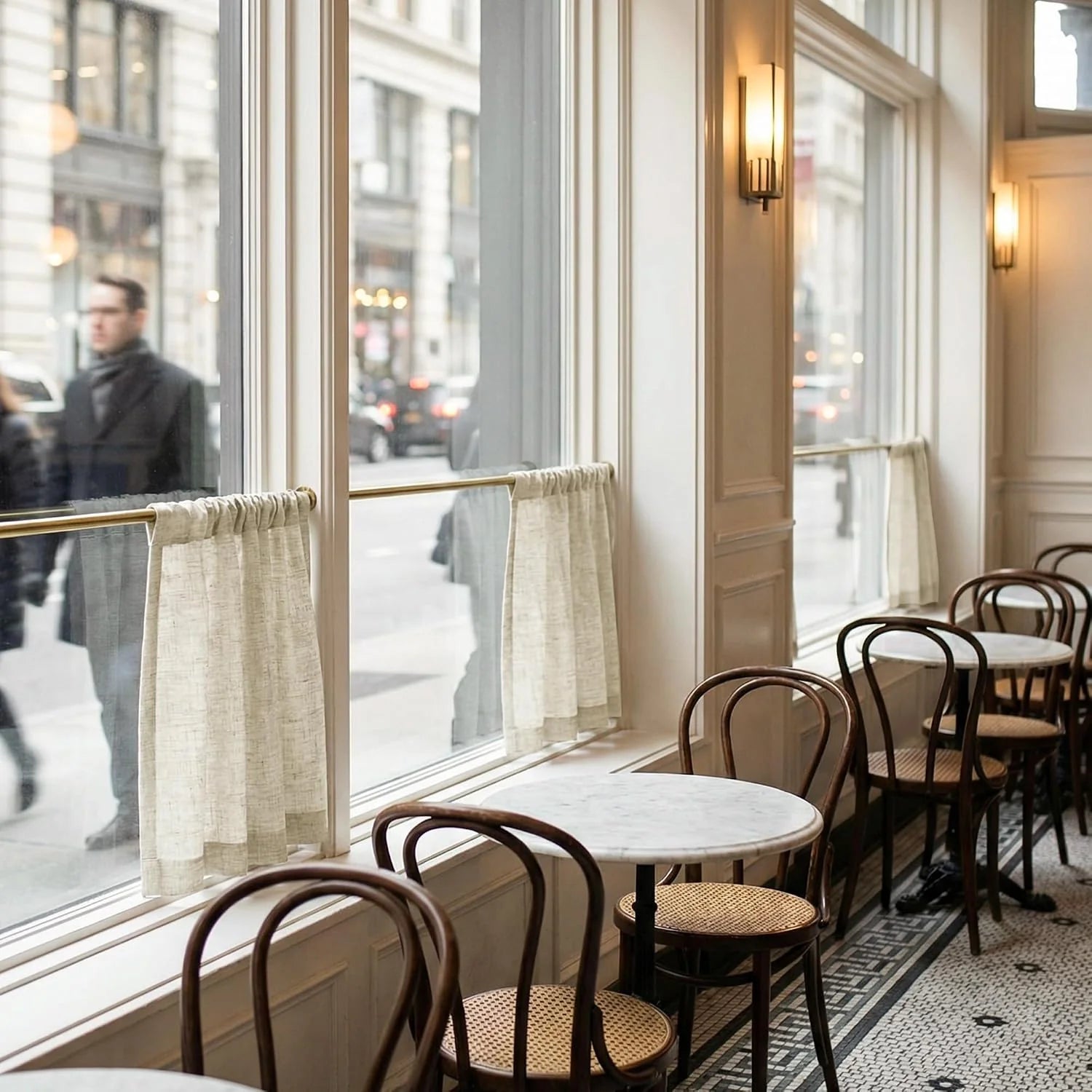 Vintage cafe interior with bentwood chairs, marble tables, and cafe curtains looking out to a city street.