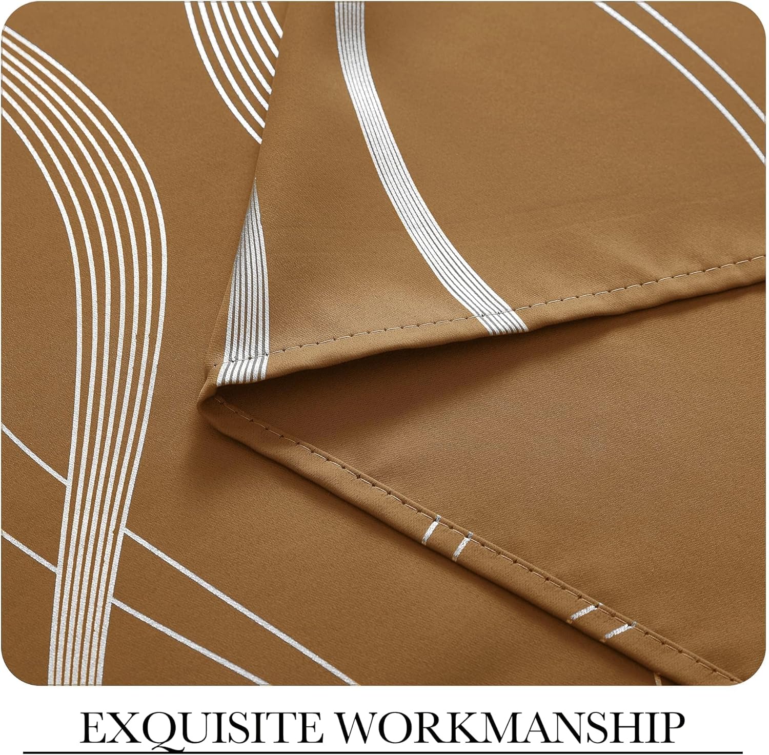 Close-up of camel brown curtain fabric with white Art Deco geometric line pattern and visible neat stitching.
