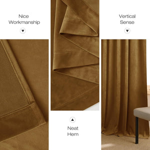 Full panel of a camel brown velvet curtain with a plush texture, flowing drape, and neat hem.