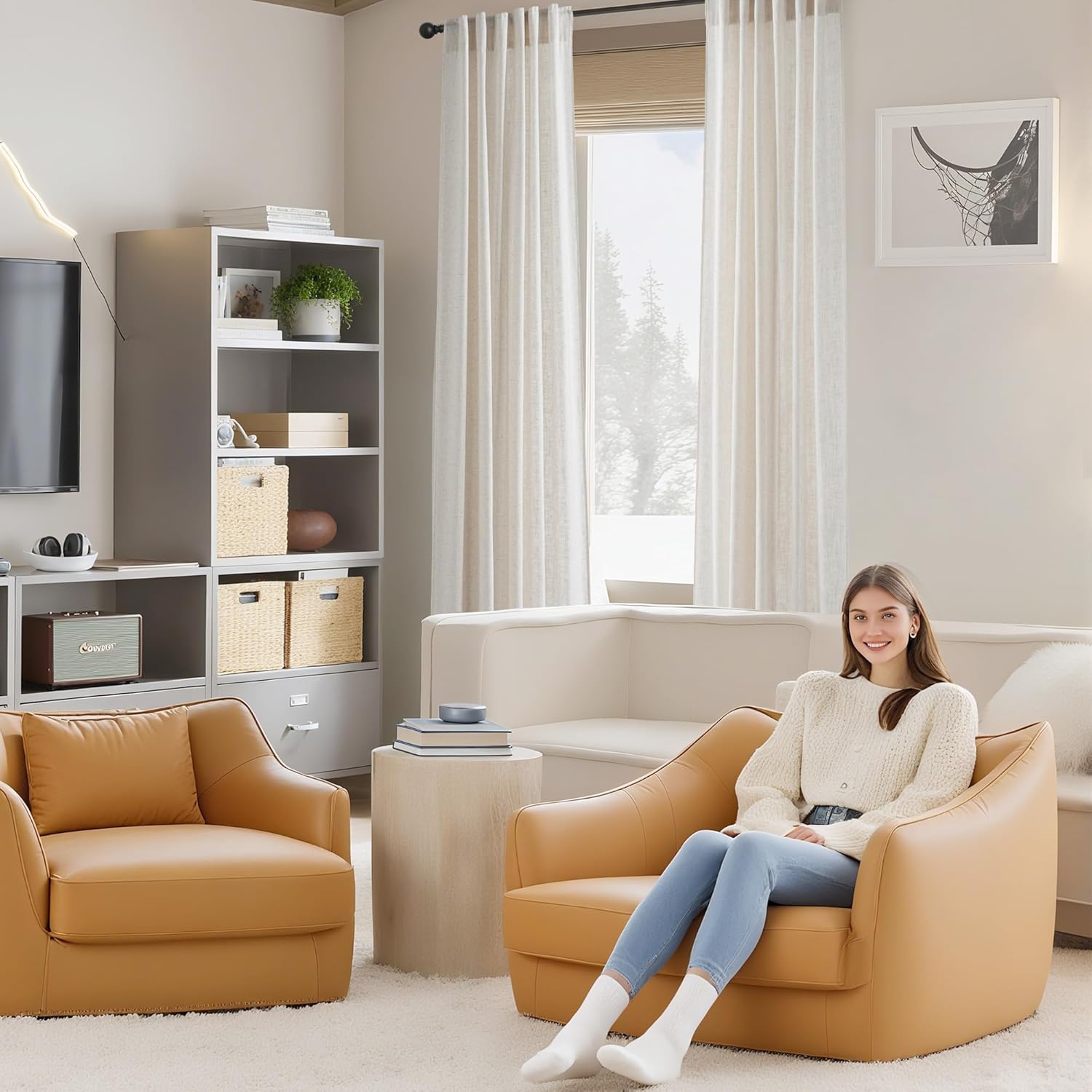 Camel leather modern swivel accent chair featuring plump cushions in a bright living room.