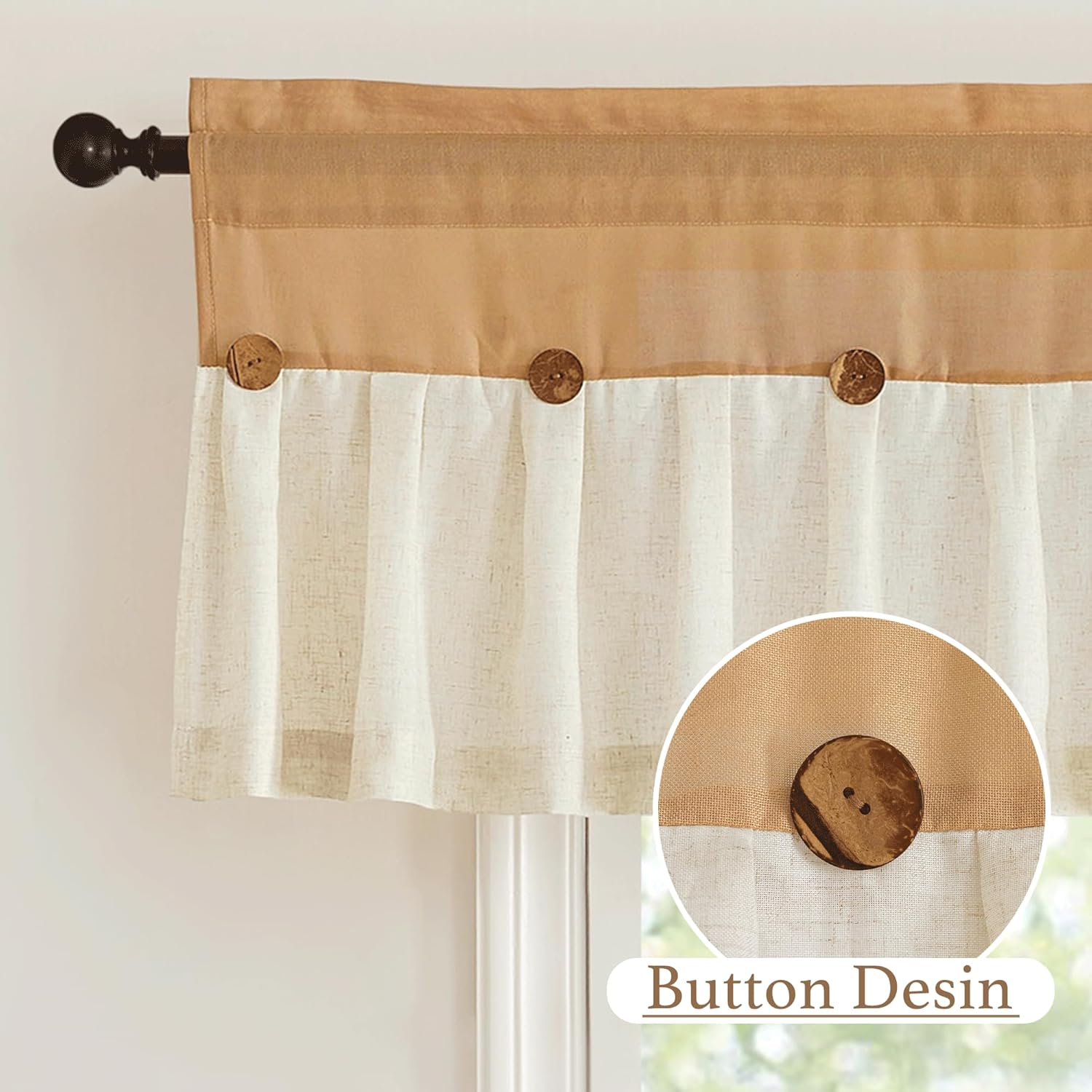 Camel and off-white linen blend valance with decorative wooden buttons and rod pocket top.