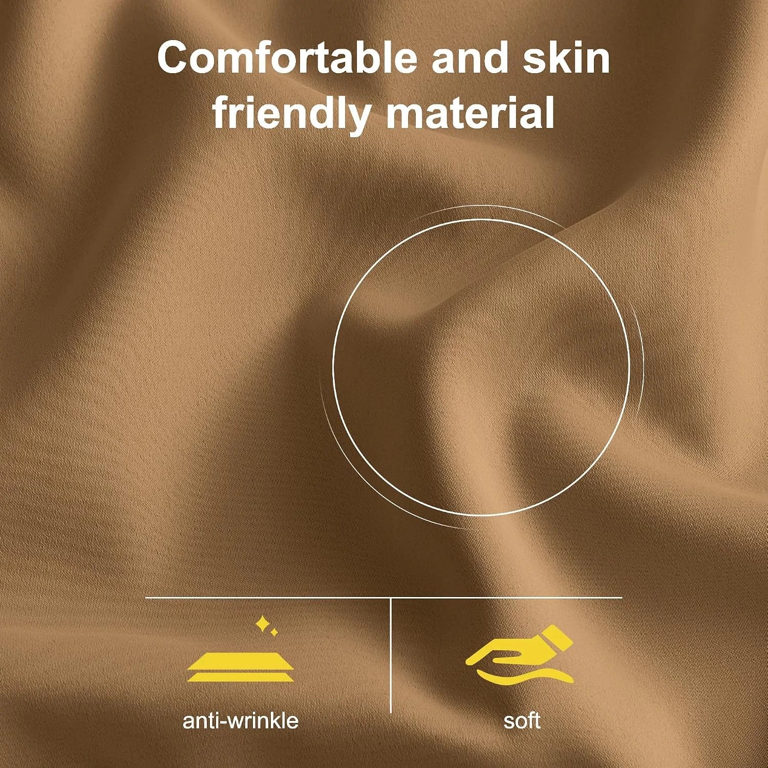 Close-up of camel brown fabric with soft, skin-friendly, anti-wrinkle texture