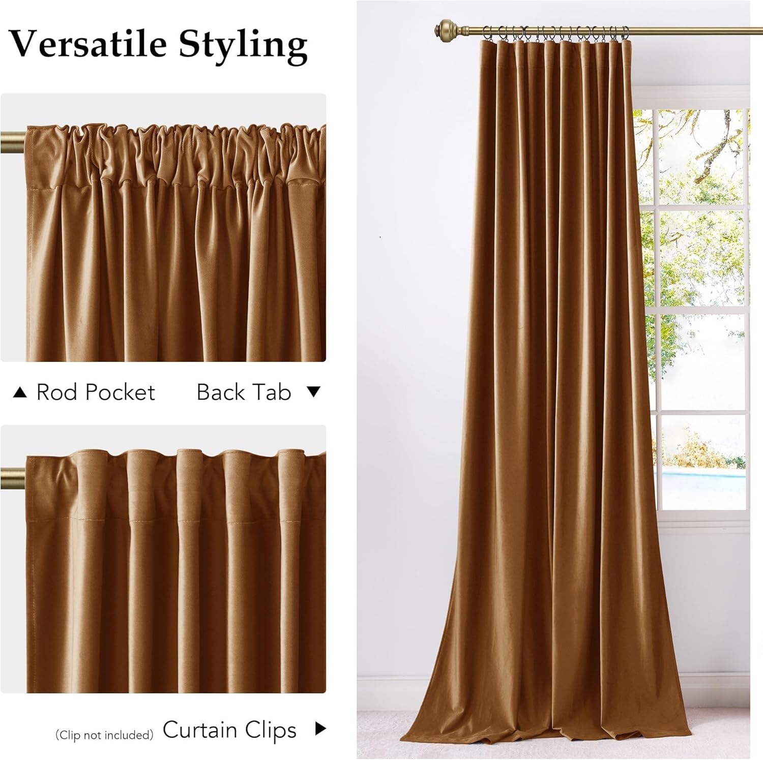 Warm camel brown velvet curtain panel with rod pocket and back tab hanging styles.