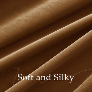 Rich camel brown velvet fabric swatch, showcasing soft silky texture and elegant folds.
