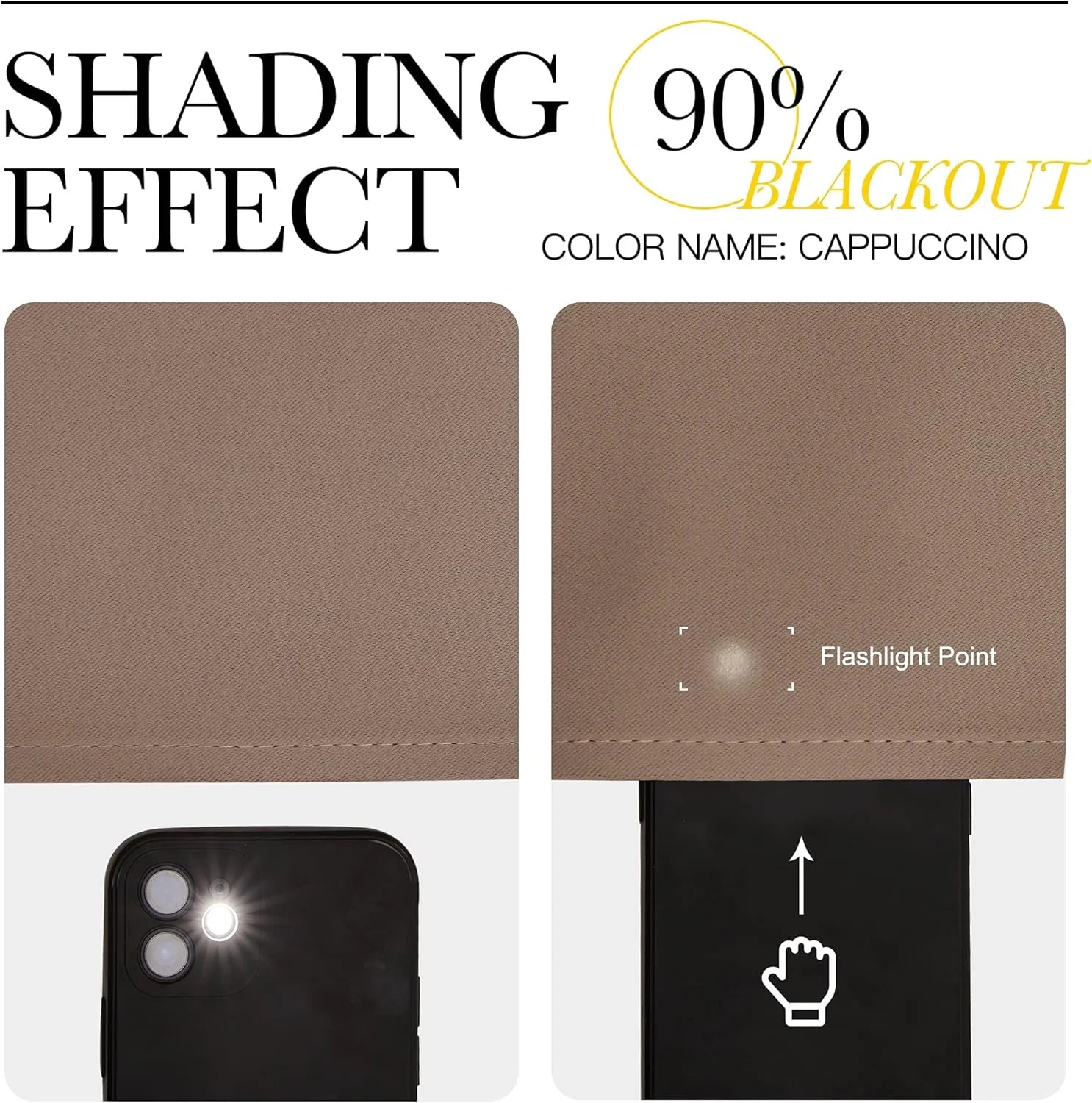 Cappuccino Roman shade fabric sample showing 90% blackout effect with flashlight test
