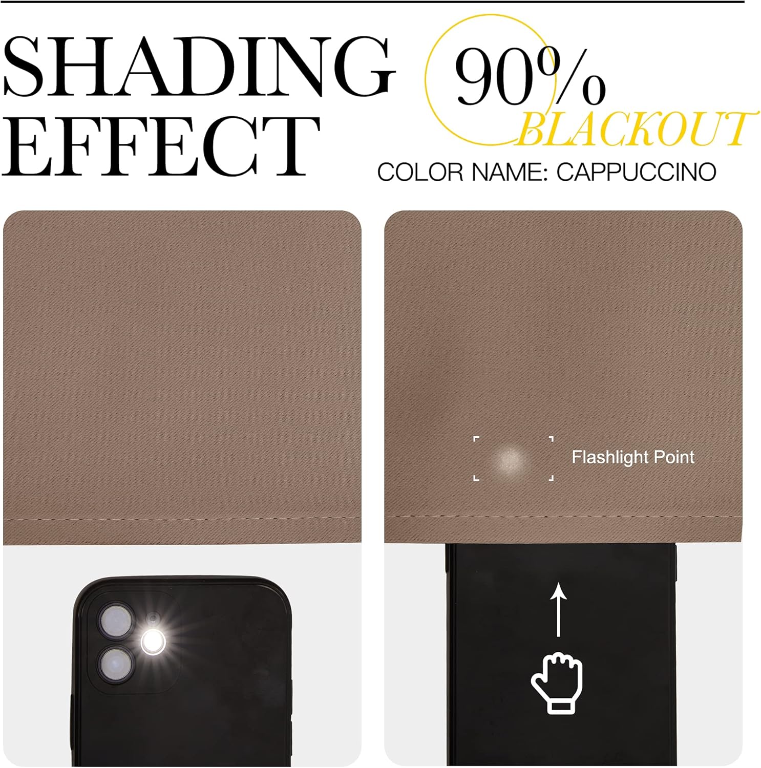 Cappuccino brown 90% blackout fabric swatch, diagonal weave. Flashlight test shows light blocking.