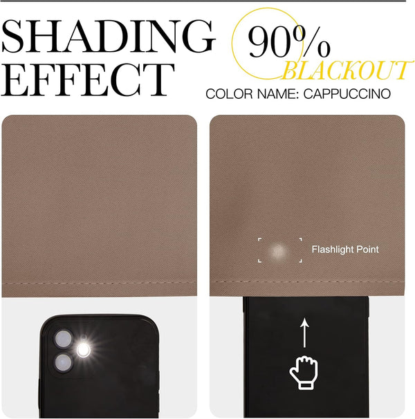Cappuccino brown 90% blackout fabric swatch, diagonal weave. Flashlight test shows light blocking.