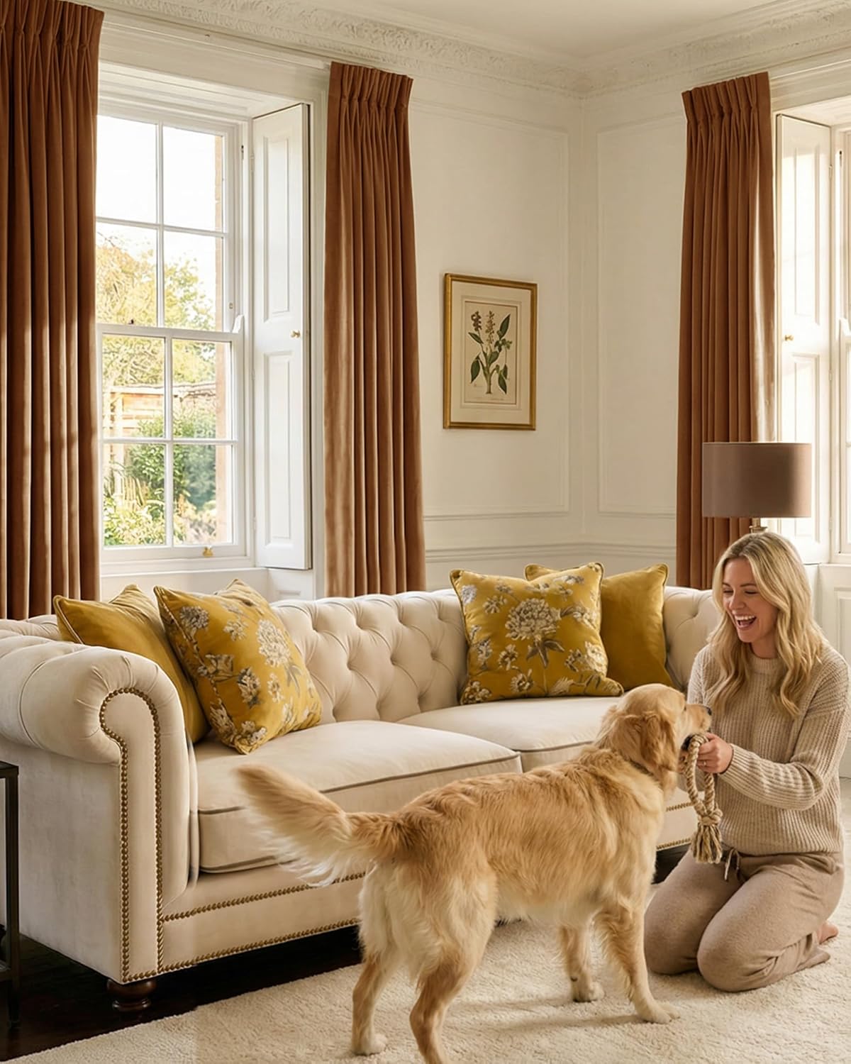 Rich caramel velvet pleated curtains framing tall windows in an elegant living room with a cream tufted sofa.