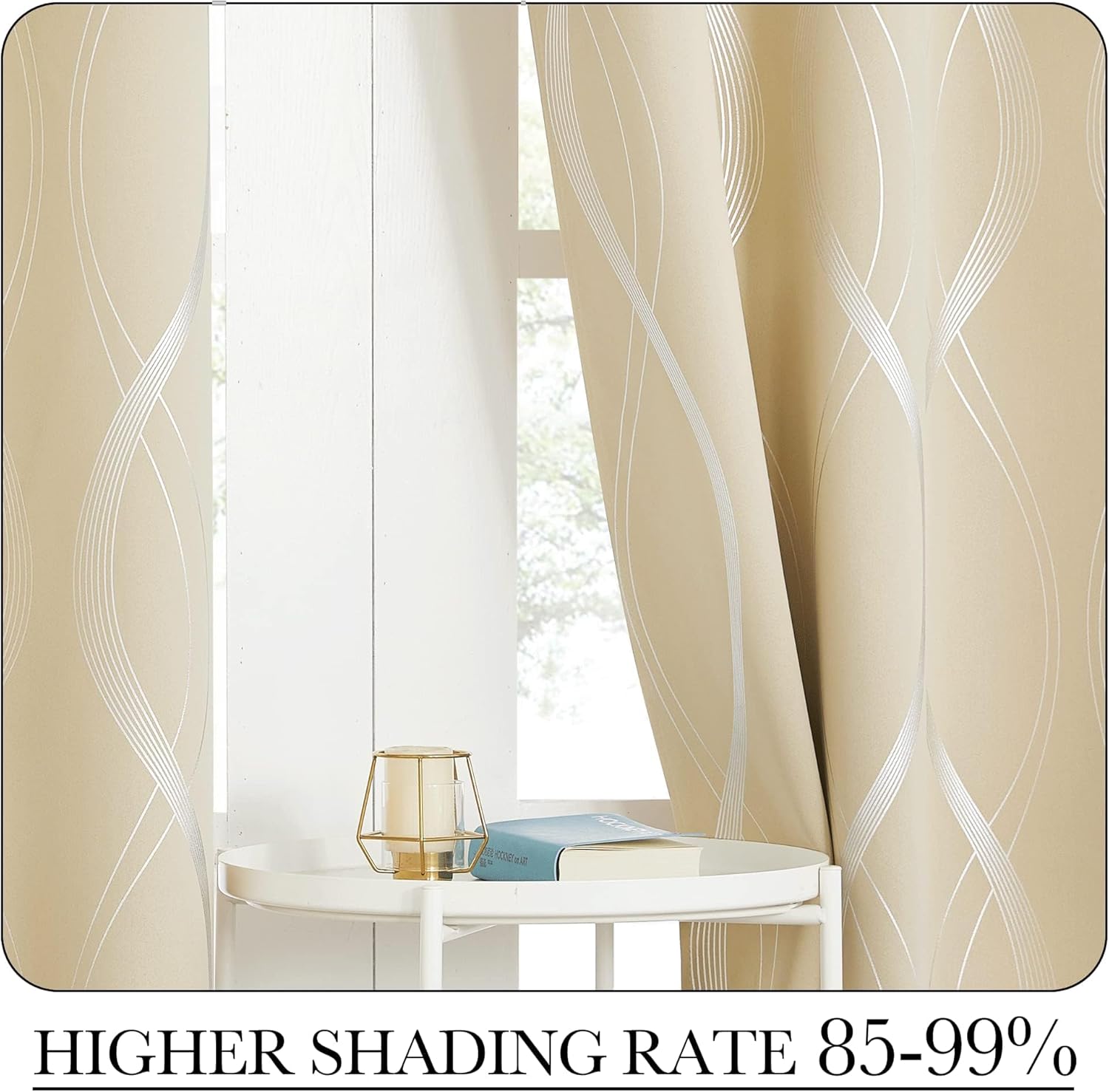Elegant champagne beige blackout curtains with abstract silver wavy patterns covering a window.