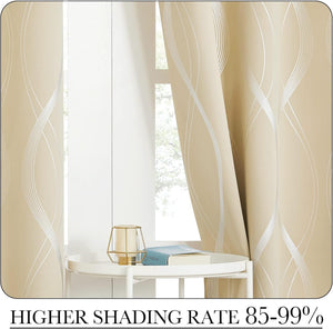 Elegant champagne beige blackout curtains with abstract silver wavy patterns covering a window.