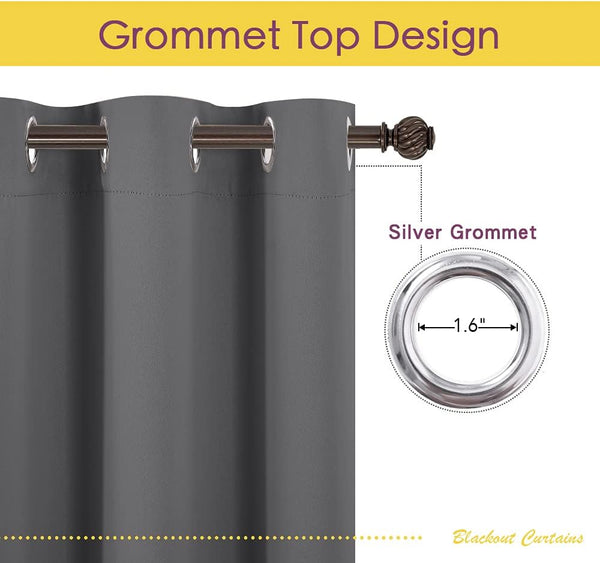 Charcoal gray blackout curtain with silver grommet top, demonstrating 1.6-inch diameter grommets.