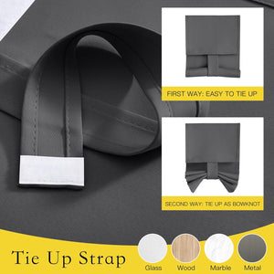 Dark grey fabric tie-up strap. Shows simple and decorative bowknot tying styles with hook-and-loop.