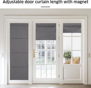 Charcoal gray adjustable roman shades on white French doors, providing privacy and light control.