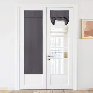 Charcoal gray blackout door shade on a white French door, shown extended and tied up.