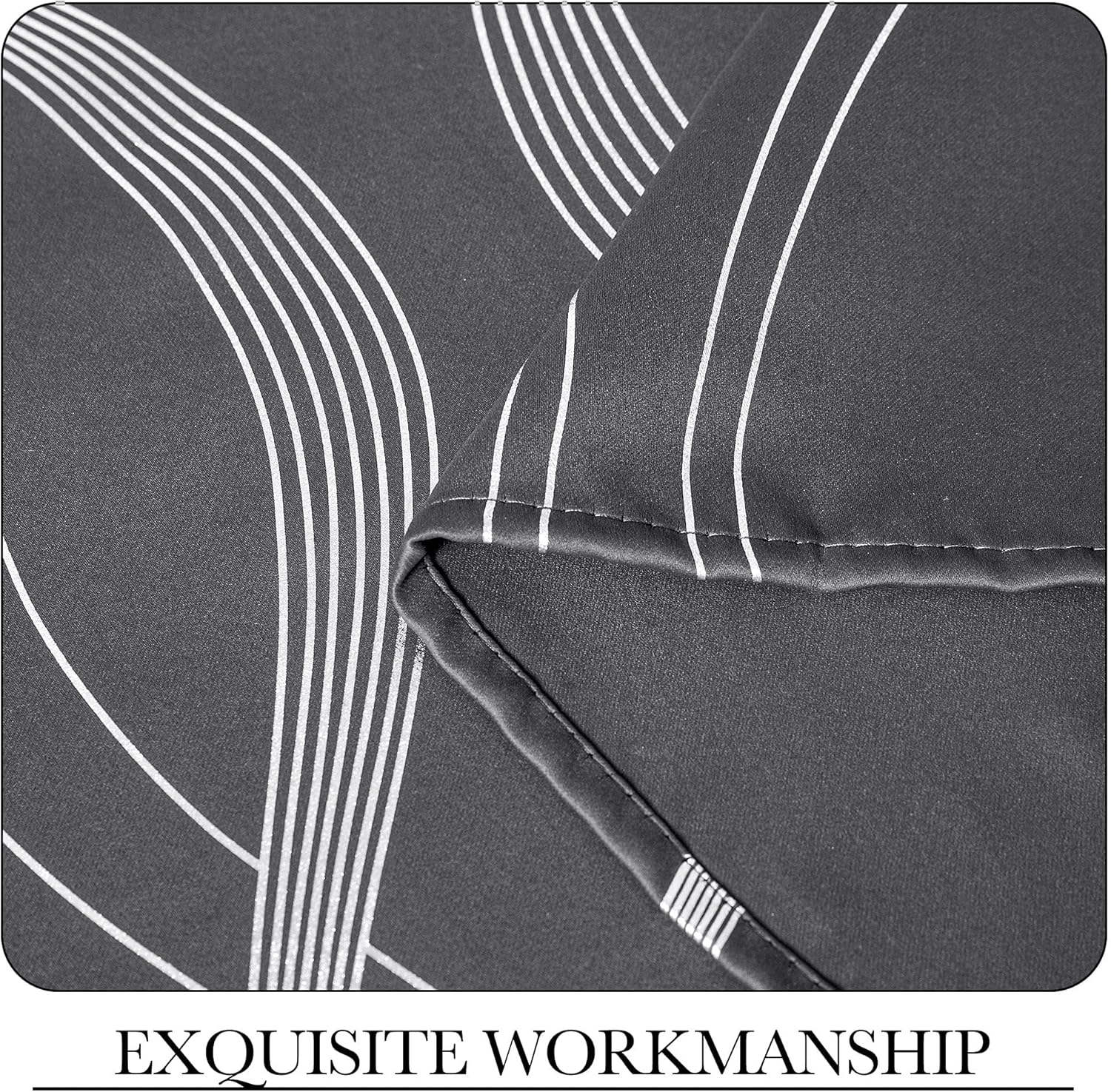 Close-up of smooth charcoal gray fabric with white abstract curved line pattern and neat stitching detail.