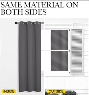 Dark gray grommet blackout curtain showing same material on both inside and outside views, effectively blocking light.
