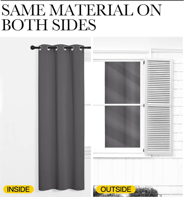 Dark gray grommet blackout curtain showing same material on both inside and outside views, effectively blocking light.