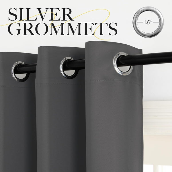 Close-up of a charcoal gray curtain with 1.6-inch silver grommets on a black rod.