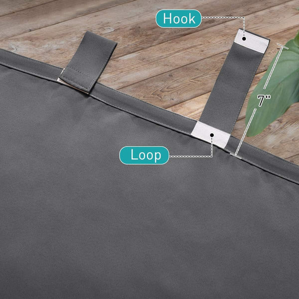 Charcoal gray outdoor curtain top detail with 7-inch hook and loop tab fastener for hanging.