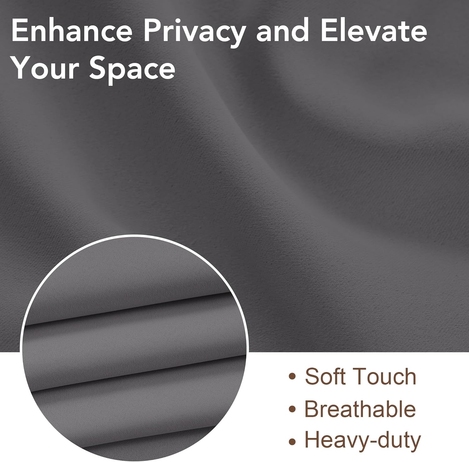 Folded charcoal gray heavy-duty fabric with a soft touch and breathable texture, enhancing privacy.