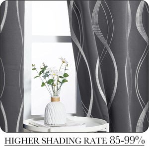 Charcoal grey curtains feature modern white abstract wavy line pattern, elegantly hung by a window.