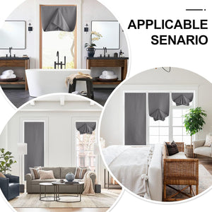 Adjustable charcoal grey tie-up window shade shown extended and gathered, offering privacy in various rooms.