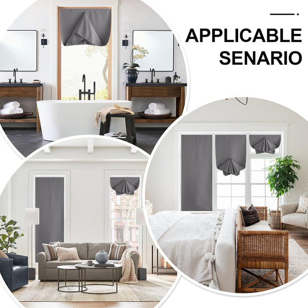 Adjustable charcoal grey tie-up window shade shown extended and gathered, offering privacy in various rooms.