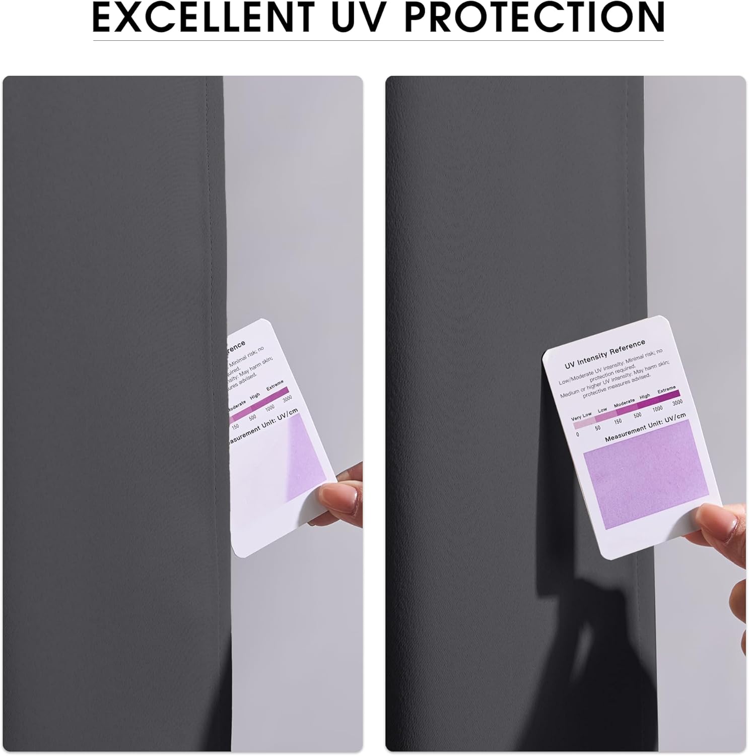 Dark grey blackout fabric with UV reference card highlights excellent sun protection.