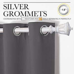 Charcoal grey curtain panel featuring 1.6-inch silver grommets, hung on a decorative white rod with ornate finial.