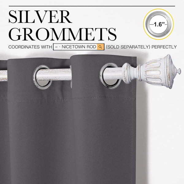 Charcoal grey curtain panel featuring 1.6-inch silver grommets, hung on a decorative white rod with ornate finial.