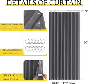 Charcoal grey curtain featuring rust-resistant metal grommets, 12 sliding rings, and attached tieback.