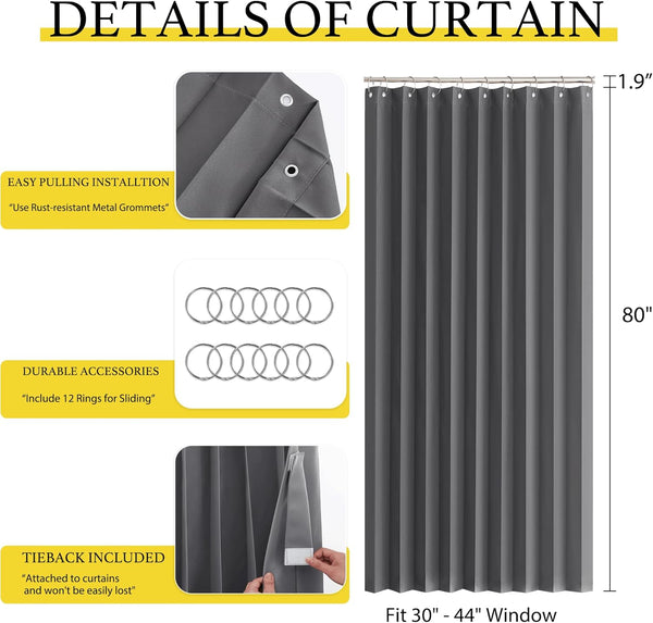 Charcoal grey curtain featuring rust-resistant metal grommets, 12 sliding rings, and attached tieback.