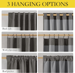 Charcoal grey linen-look curtains demonstrating back tab, clip ring, and rod pocket hanging styles