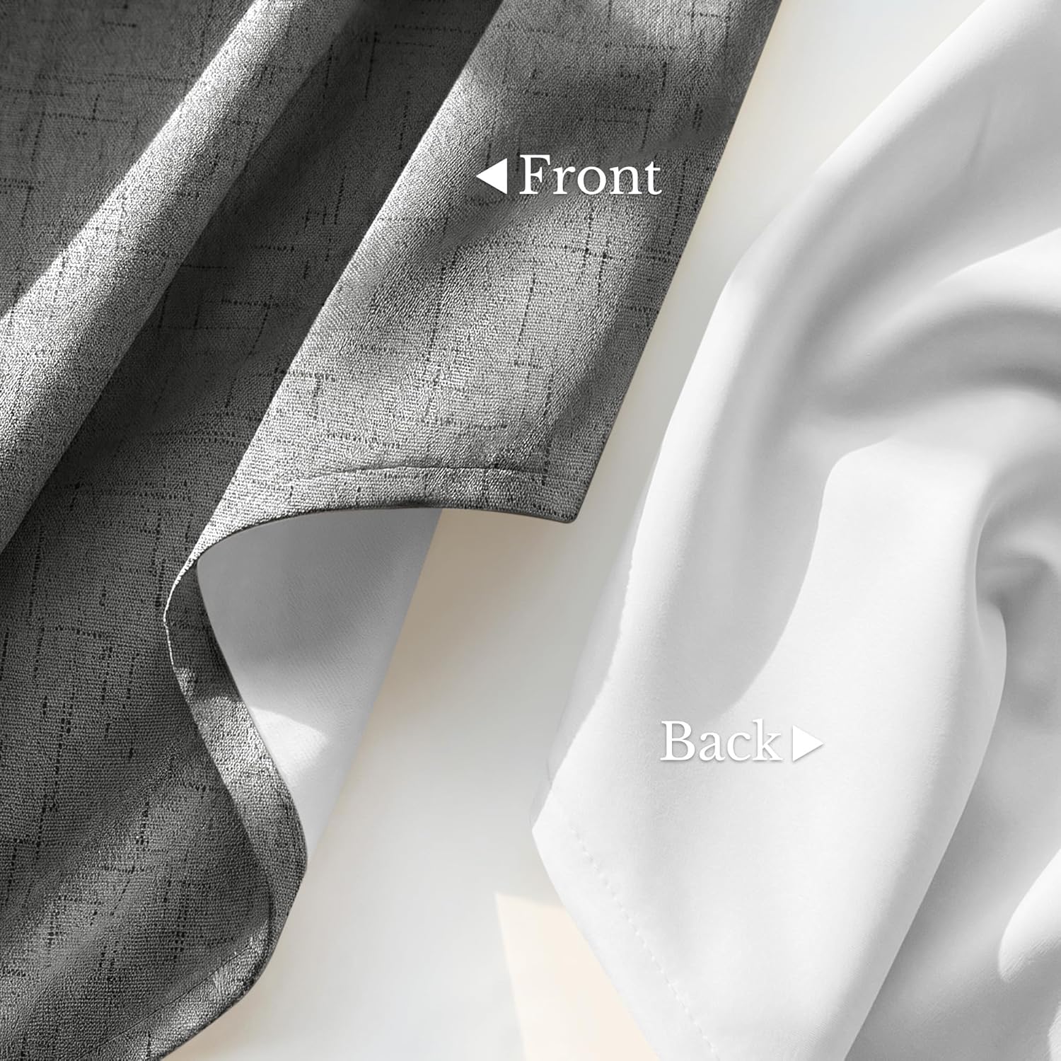 Close-up of a charcoal grey textured linen-look curtain front and its smooth white blackout lining back.