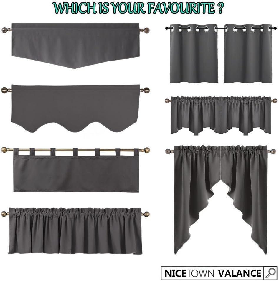 Various dark grey valances and short curtains with grommet, rod pocket, and tab top.