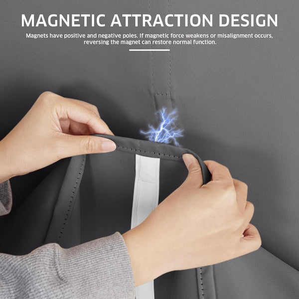 Person's hands revealing the magnetic closure design of a charcoal grey blackout curtain panel.