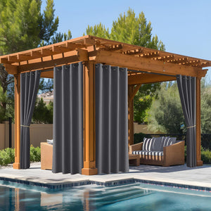 Charcoal outdoor grommet curtains on a wooden pergola by pool, offering shade to patio seating.