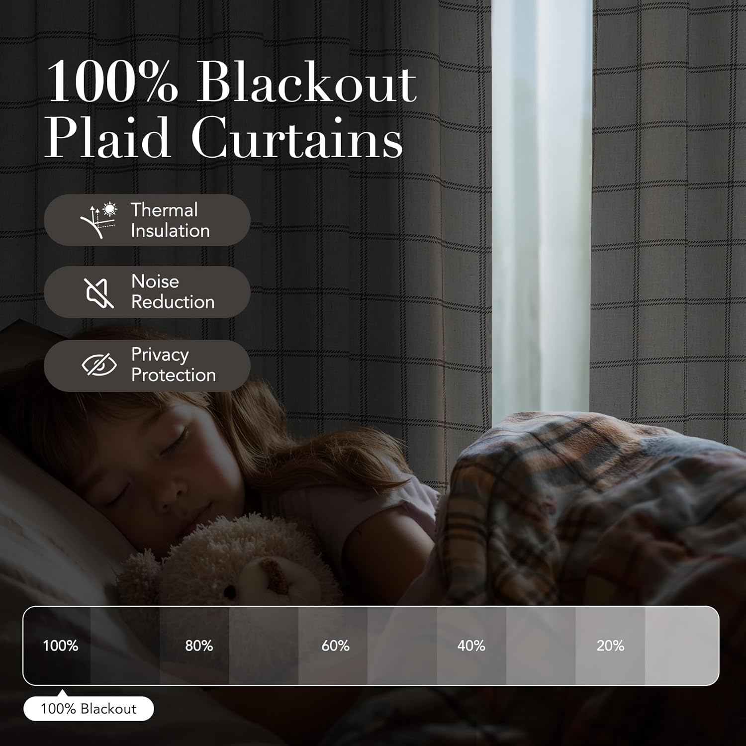 Charcoal plaid blackout curtains for thermal insulation, noise reduction, and complete darkness.