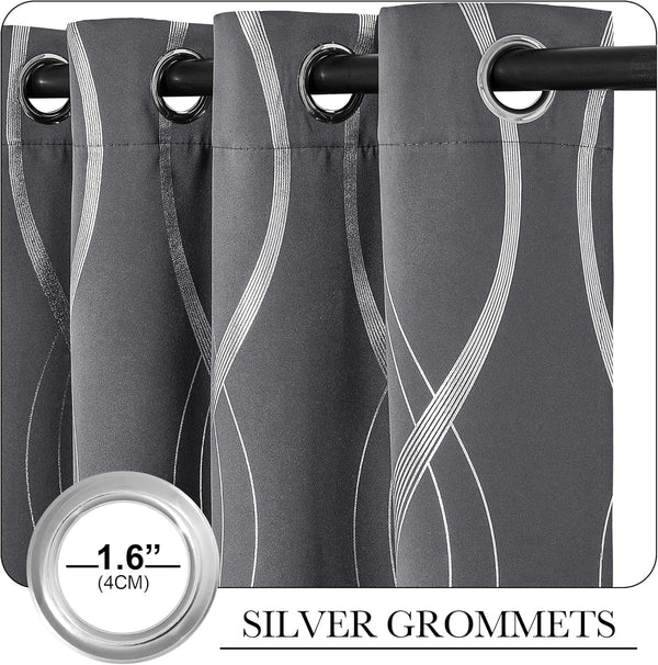 Close-up of dark gray curtains with a silver wavy pattern and 1.6-inch silver grommets.