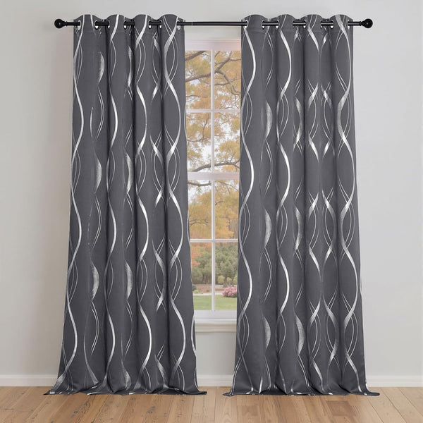 Modern charcoal gray window drapes with shimmering silver metallic wave pattern and grommet top.