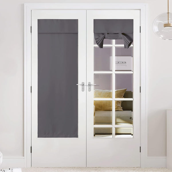 Charcoal grey fabric shades on white French doors, one extended for privacy, one tied up.